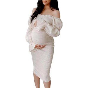 Plaid Off Shoulder Bodycon Midi Smocked Maternity Dress Baby Shower Dress
